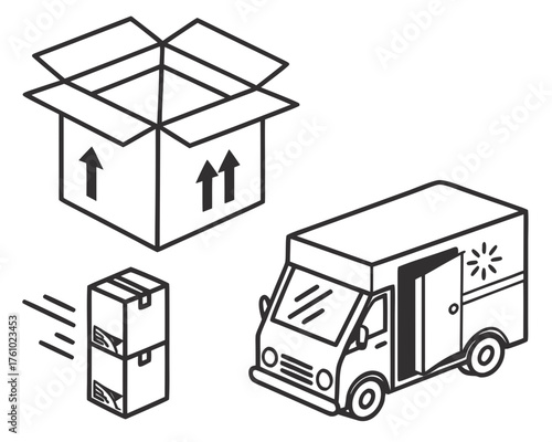 Delivery service with open cardboard box and truck