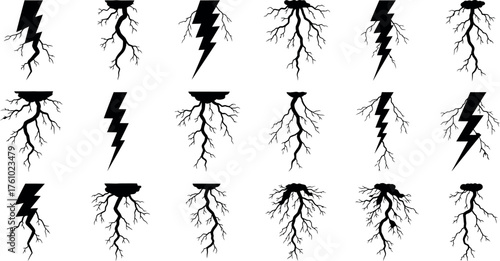 Collection of dynamic bolt shapes and lightning strikes for dramatic effect and powerful design elements