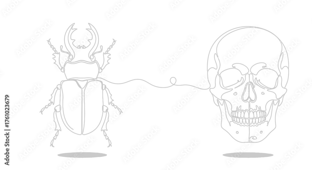 Obraz premium Surreal vector illustration of a scarab beetle connected to a human skull