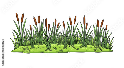 Charming Cartoon Illustration of Cattails and Lush Green Grass on a White Background