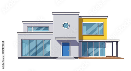 Modern Cartoon House with Yellow Accent and Blue Door, Vector Illustration