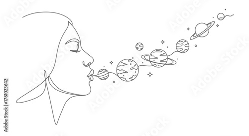 Surreal astronaut blowing bubbles of planets stars and galaxies vector illustration