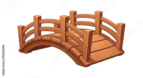 Charming Wooden Garden Arch Bridge with Rustic Railings - Isolated on White