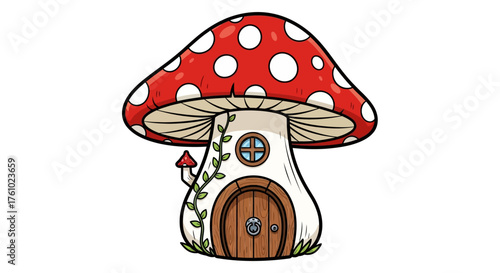 Whimsical Cartoon Mushroom House with Red Spotted Cap, Wooden Door, and Vine Accents, Isolated on White