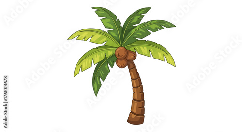 Vibrant Cartoon Coconut Palm Tree with Green Leaves and Tropical Fruit on White Background
