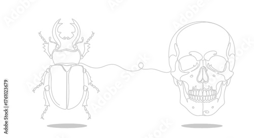 Surreal vector illustration of a scarab beetle connected to a human skull