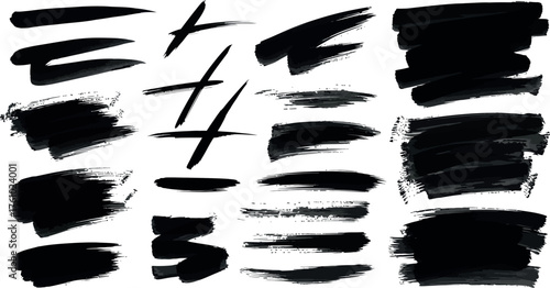 Collection of realistic black paint brush strokes textures grungy and abstract art elements for design