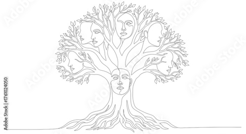 Artistic vector illustration of a stylized tree with human faces integrated into its branches roots and trunk