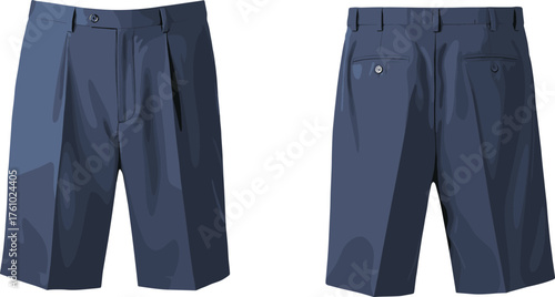 Navy blue shorts, front and back view, casual wear, button closure, belt loops, pockets, fashion flat sketch, apparel design, vector illustration