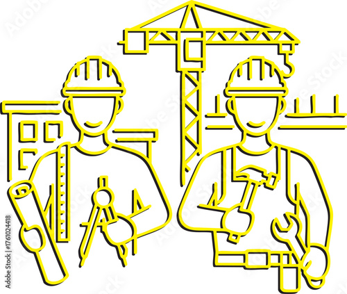 Construction workers with tools and blueprints, engineering and architecture industry