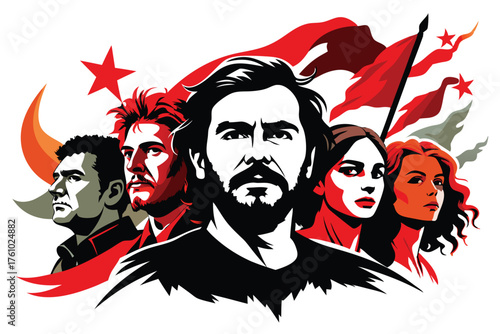 Revolutionary Heroes Vector Art – Bold People Illustration with Flags and Stars