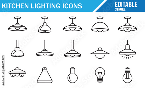 Line Art Kitchen Fixture Icons – Modern Pendant, Chandelier, Spotlight, Flush Mount Set