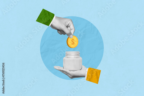 Saving money jar, invest, investment and interest. Creative art collage of Hand putting coins inside of glass jar with full of coins
