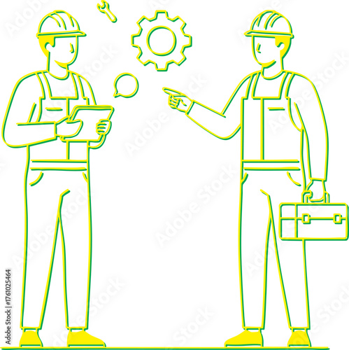 Construction Workers Discussing Engineering and Maintenance Plans with Tools