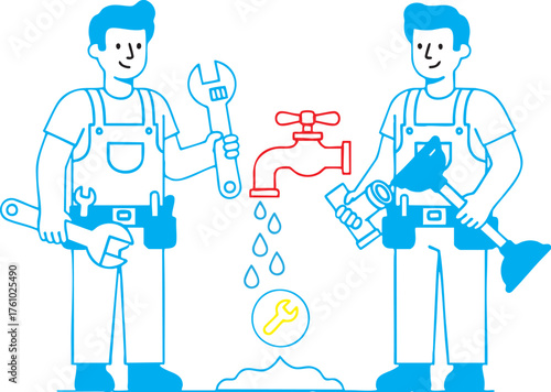 Two Cartoon Plumbers Working Together Fixing a Leaky Faucet with Tools and Supplies