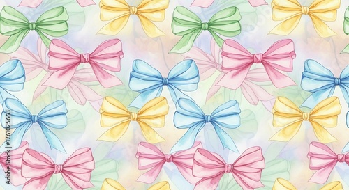 Seamless pattern featuring watercolor bows in pastel colors on a soft blurred background design art