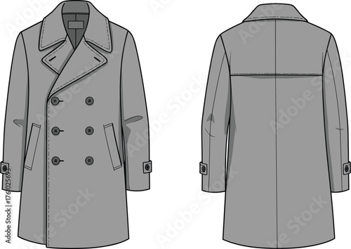 Double-breasted overcoat, fashion sketch, technical illustration, front and back view, formal menswear, tailored coat, garment design, vector drawing