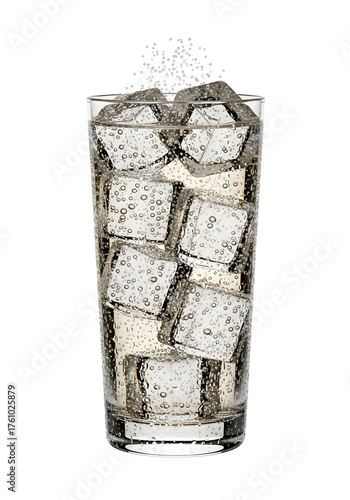 A tall glass filled with ice cubes and a clear beverage, isolated on transparent background