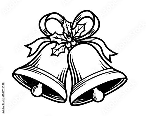 Holiday Bells: Two beautifully illustrated bells intertwined with a festive bow and holly, symbolizing the joy and anticipation of the holiday season.