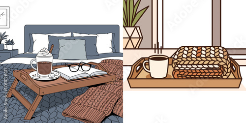 Wooden tray with drink and knitwear for cozy home interior illustration and lifestyle blog design