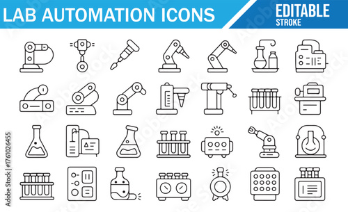 Outline Biotechnology Icons — Automated Workflow and Instruments