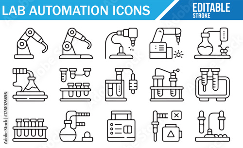 Lab Automation Line Icons Set — Robotic Arms, Pipettes, Test Tubes, Bioreactors, Centrifuge, Microplate, Analyzers, and Chemistry Equipment — Editable Stroke Vector Pack for Science UI, Apps, and Prin
