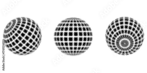 Black disco ball set. Collection of wireframe spheres in different angles. Grid globe or planet bundle. Outline mirrorball element pack for poster, banner, music cover, party. Vector illustration