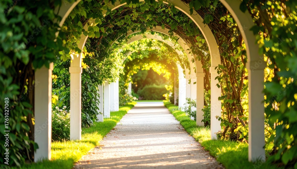 Obraz premium Charming pathway winding through a vibrant garden surrounded by lush foliage and sunlight