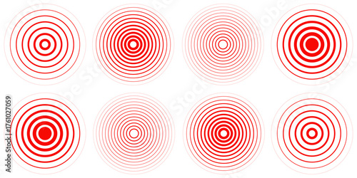 Red concentric ripple circles set. Sonar or sound wave rings collection. Epicentre, target, radar icon concept. Radial signal or vibration elements. Halftone vector illustration