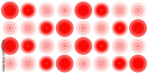 Red concentric ripple circles set. Sonar or sound wave rings collection. Epicentre, target, radar icon concept. Radial signal or vibration elements. line vector illustration
