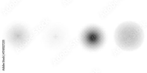 Black concentric circle set. Sonar or sound wave ring collection. Halftone and linear epicentre, target, radar icon concept. Ripple radial signal or vibration elements. Vector line and dotted symbols