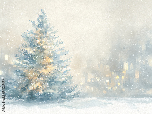 painted illustration of decorated christmas tree on foggy urban background, copy space