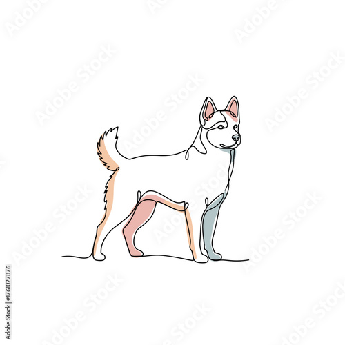 Dog depicted in minimalist line art style on white background  