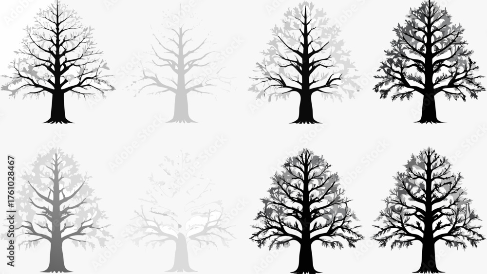 Fototapeta premium Diverse collection of stylized trees showcasing intricate branch patterns and varied foliage density in monochromatic tones