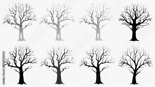 Stunning collection of bare winter trees in silhouette and grayscale, perfect for adding natural elegance to any design project.