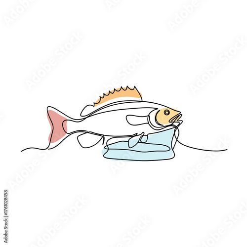 Line art of fish caught while ice fishing on frozen lake  