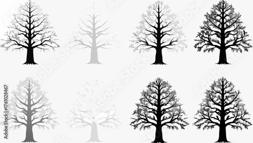 Diverse collection of stylized trees showcasing intricate branch patterns and varied foliage density in monochromatic tones