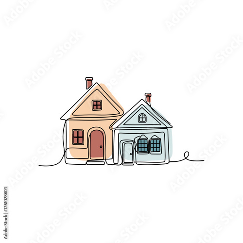 Two simple line-drawn houses side by side on a white background  