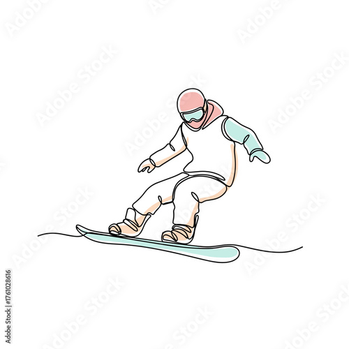 Snowboarder performing a trick in a minimalist line art style  