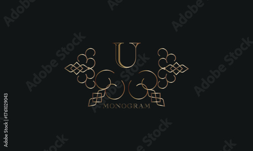 Vector elegant element for design template, place for text with initial letter U. Lace decor for greeting card, invitation, label, business sign.