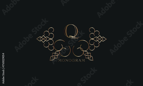 Vector elegant element for design template, place for text with initial letter Q. Lace decor for greeting card, invitation, label, business sign.