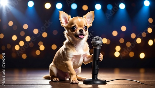 Adorable tan chihuahua puppy singing into a microphone on stage with space for text or message