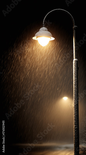 street lamp glowing in heavy rain against a dark, nighttime background