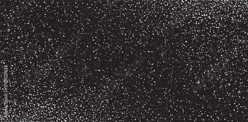 Snow, stars, twinkling lights, rain drops on black background. Abstract vector noise. Small particles of debris and dust. Distressed uneven grunge texture overlay.