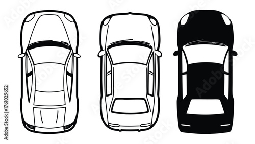Set of Car Top View CAD Drawings. Silhouette and Outline Vector Vehicles for Architectural and Urban Planning Design