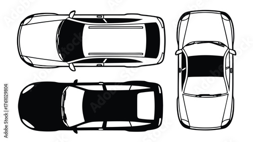 Set of Car Top View CAD Drawings. Silhouette and Outline Vector Vehicles for Architectural and Urban Planning Design