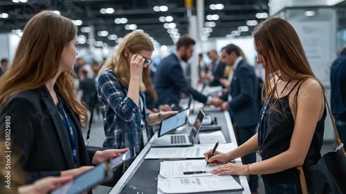 Diverse Attendees Registering at a Busy Professional Business Conference or Exhibition Event Desk in a Modern Convention Center Hall