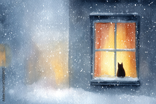 black cat sitting outdoors on snowy windowsill looking inside a warm house on snowy winter night