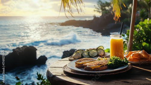 Enjoying a sunset meal with fresh food and a scenic ocean view