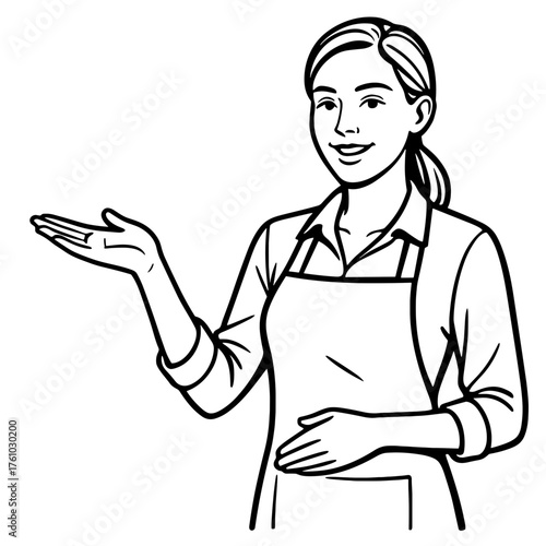Female shop assistant showing empty space for product illustration in minimalistic style